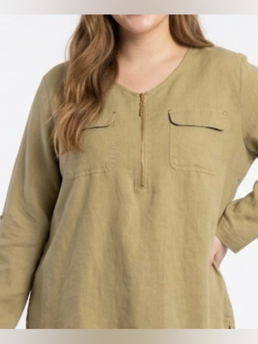 Company by Ellen Tracy Greenish Tan Linen Top XL Gold Zipper Accents Lagenlook‎